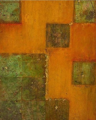 Dat ene om je heen — Olieverf, bladgoud, mica op doek, 50 x 40 cm