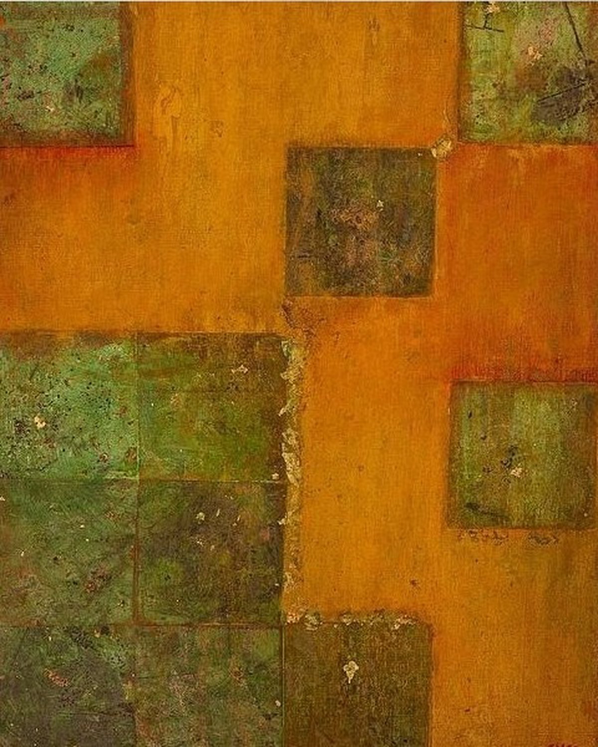 Dat ene om je heen — Olieverf, bladgoud, mica op doek, 50 x 40 cm