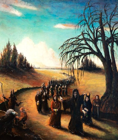 De Pelgrimstocht — Olieverf op paneel, 100 x 84 cm