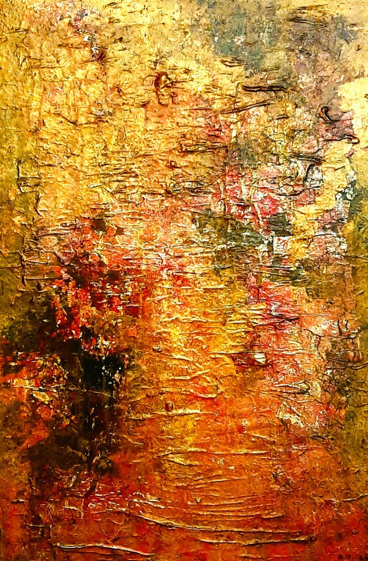 De Sleutel van het Kompas — Olieverf, bladgoud, structuur en epoxy op paneel, 74 x 48 cm