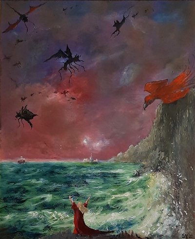 De Vloek Tussen Kracht en Wraak — Olieverf op paneel, 61 x 50 cm