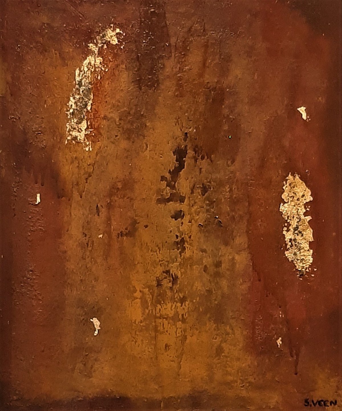 Goud Vervalt — Olieverf, pigment, bladgoud op paneel, 60 x 50 cm