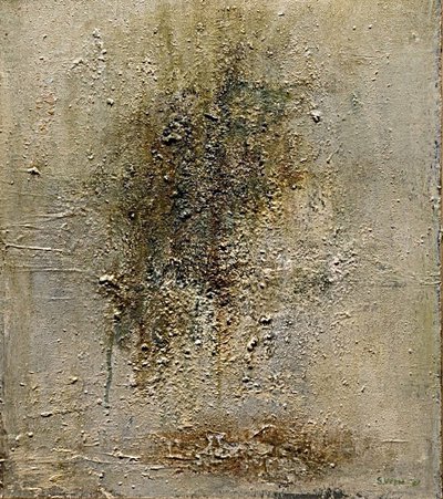 Onverdraagzaamheid van de vrede — Olieverf, zaagsel, structuur op paneel, 64,5 x 57 cm