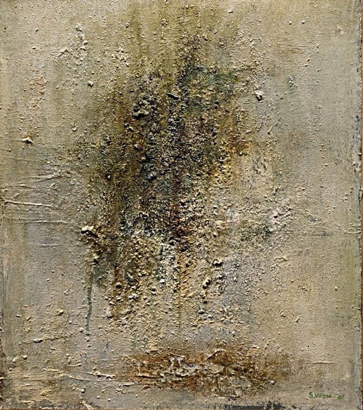 Onverdraagzaamheid van de vrede — Olieverf, zaagsel, structuur op paneel, 64,5 x 57 cm