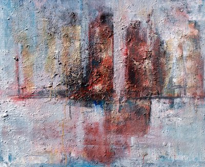 Stad in Verval — Olieverf en structuur op paneel, 74 x 61 cm